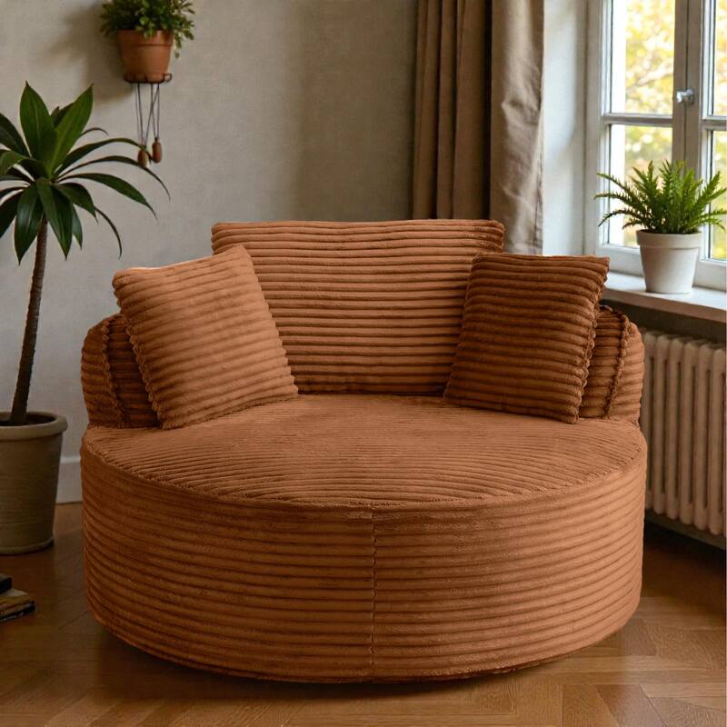 Round Accent Chair, Corduroy Boneless Deep Seat Floor Lounge Chair with 3 Pillows, No Assembly