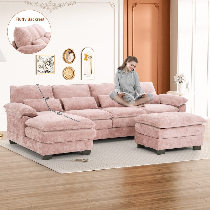 Ouyessir Soft Chenille Fabric U-shaped Sectional Sofa Set with Doudle Layer Cushion