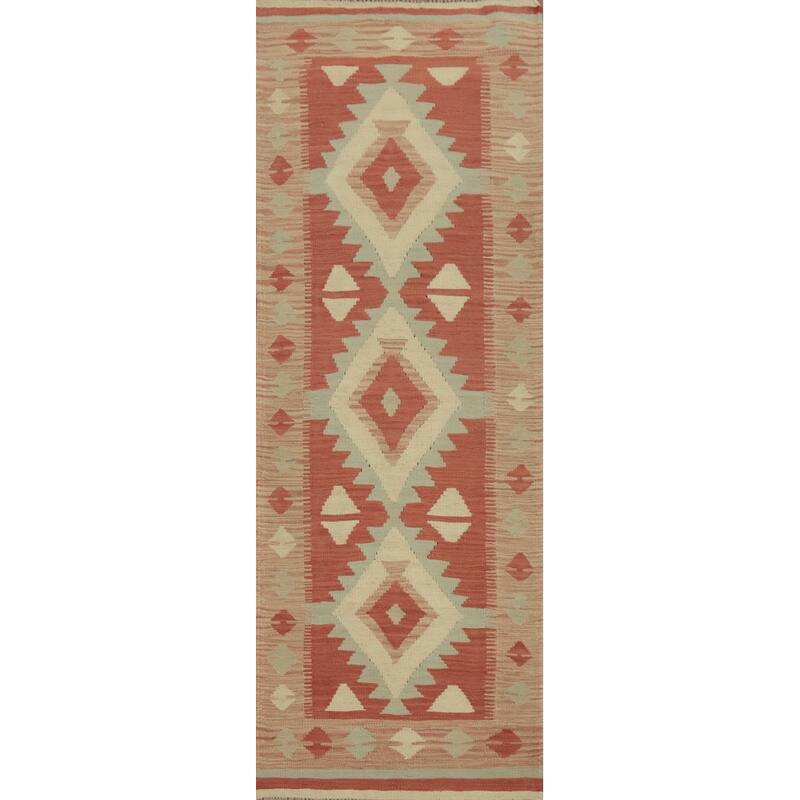Hand Woven Oriental 100% Wool Carpet Southwestern Tribal Oranges & Rust Kilim Runner Rug - 8' 1'' X 2' 1''