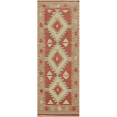 Hand Woven Oriental 100% Wool Carpet Southwestern Tribal Oranges & Rust Kilim Runner Rug - 8' 1'' X 2' 1''