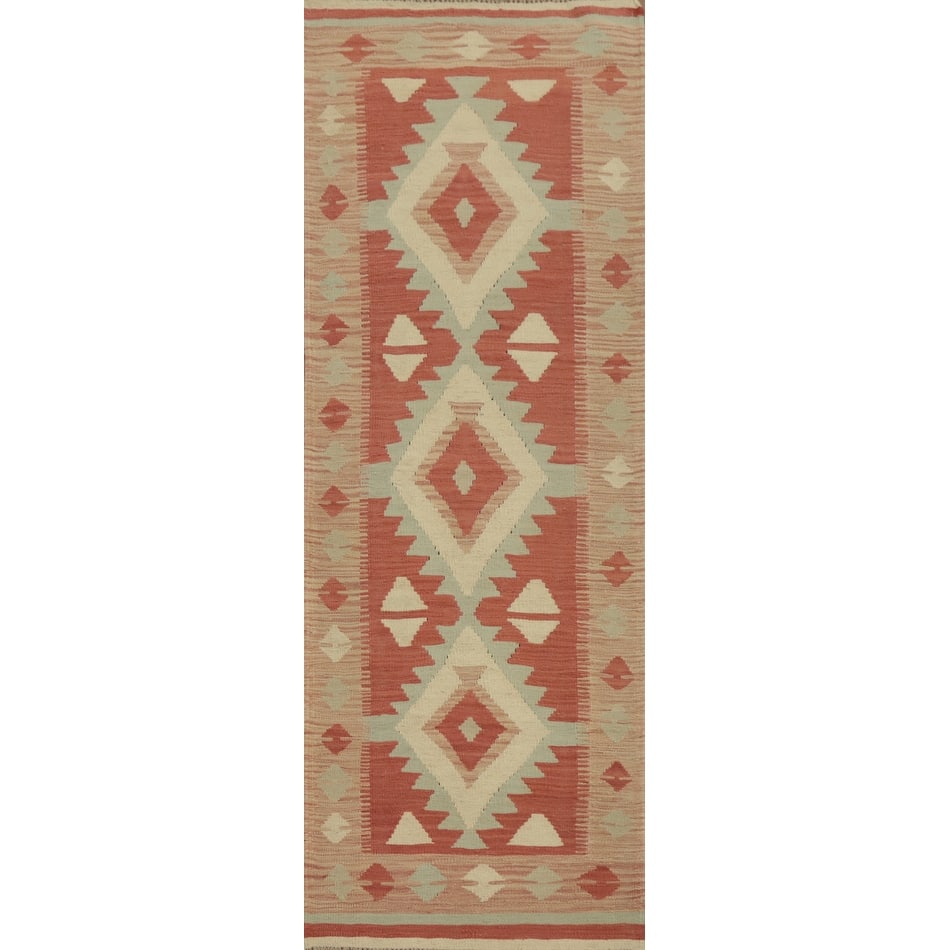 Hand Woven Oriental 100% Wool Carpet Southwestern Tribal Oranges & Rust Kilim Runner Rug - 8' 1'' X 2' 1''