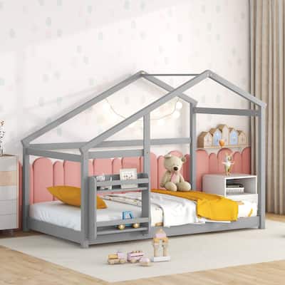 Twin Wooden House Floor Bed with Shelf & Roof