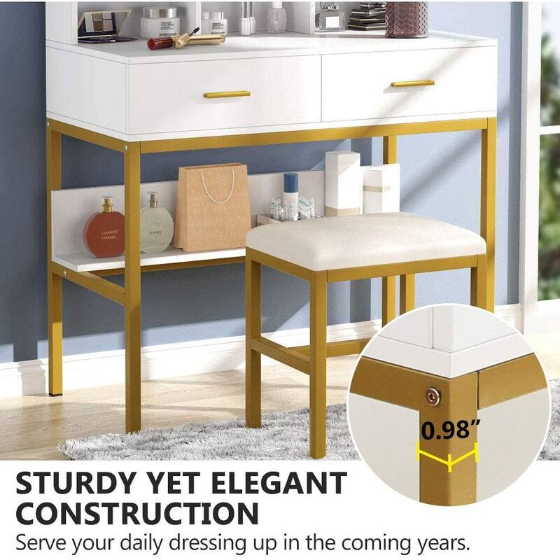 Makeup Vanity Dressing Table with 9 Lights, 2 Drawers and Storage Shelves for Bedroom