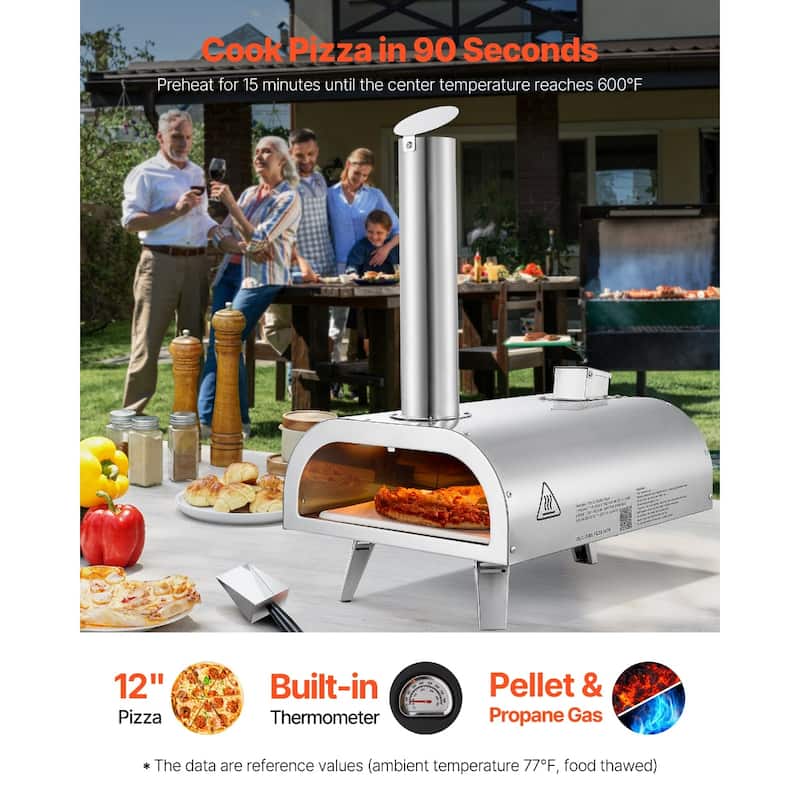 Silver Stainless Steel Dual Fuel Pizza Oven with Built-in Thermometer and Portable Design - 15.4 x 26 x 29.5 in