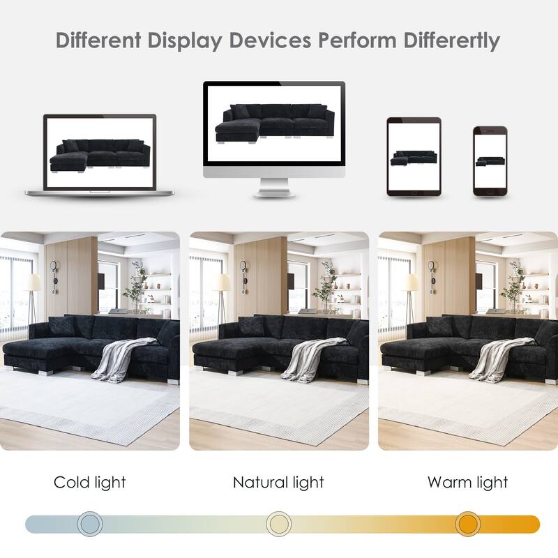 L-Shaped Sectional Sofa with Chaise Lounge, Oversized Chenille Upholstered Sofa, 4 Seater Sofa with 2 Throw Pillows