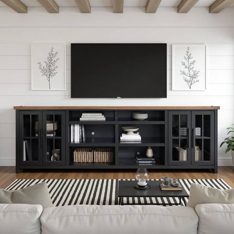 Bridgevine Home Modern Farmhouse 96 inch TV Stand Console for TVs up to 100 inches, No Assembly Requried, Two-Tone Finish - Black and Whiskey