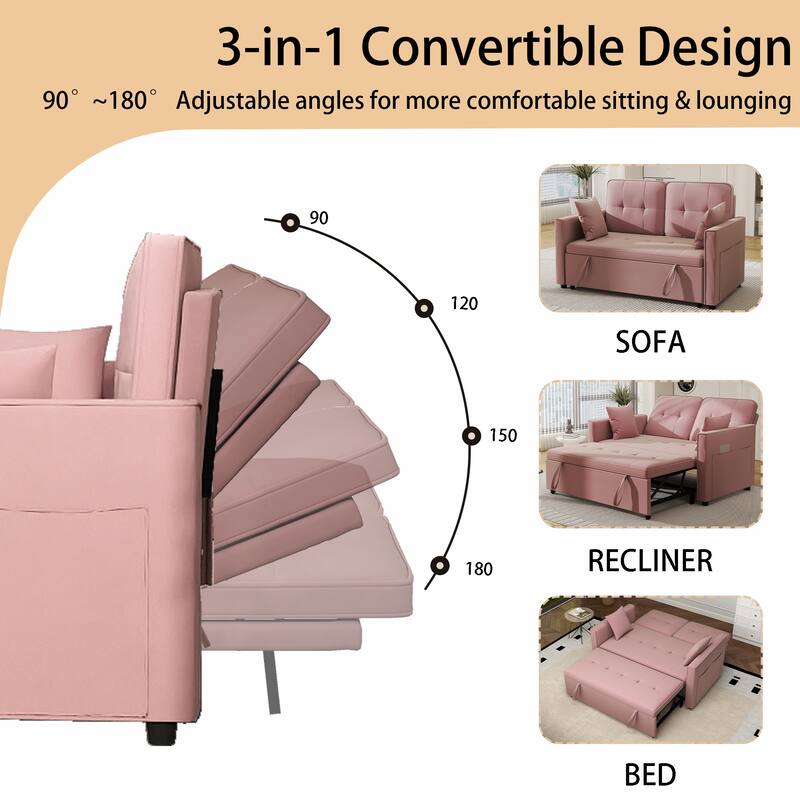 3 in 1 Convertible Sleeper Sofa Bed, Futon Couches for Living Room with Side Pocket, Adjustable Backrest