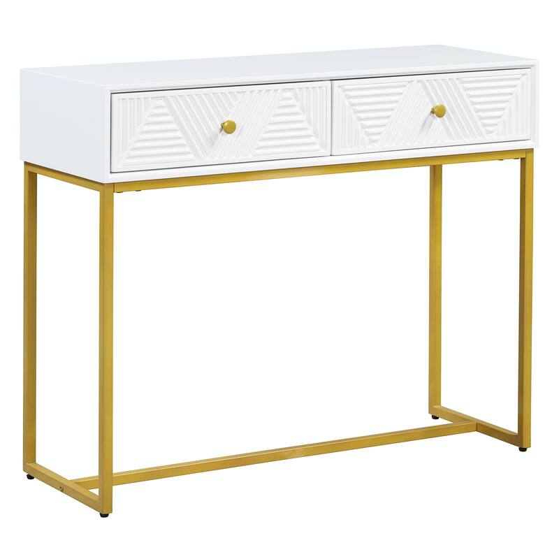 38" Modern Console Table with Two Drawers and Gold Metal Base for Entryway, Living Room