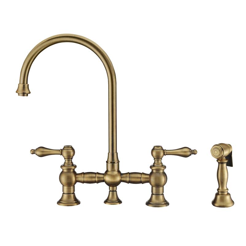 Vintage III Plus Bridge Faucet with Long Gooseneck Swivel Spout, Lever Handles and Solid Metal Side Spray - Antique Brass