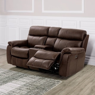 Furniture of America Yemi Brown Leather Power Recline Loveseat with USB Charger and Console