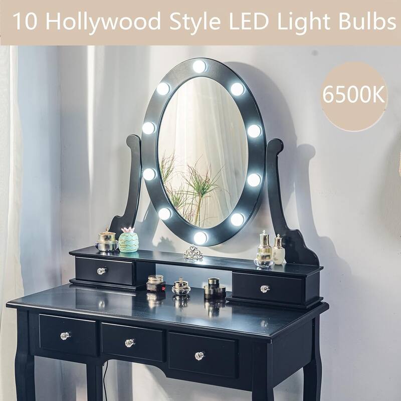 Modern Vanity Desk with Oval Mirror and Stool - Wood Makeup Dressing Table, 3 Lighting Modes, 5 Large Drawers