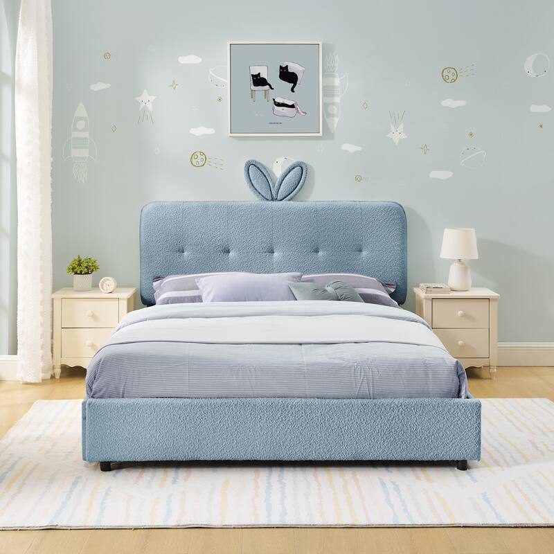 Kids Boucle Upholstered Bed with Rabbit Ear Headboard, LED Music Sync & 4 Drawers
