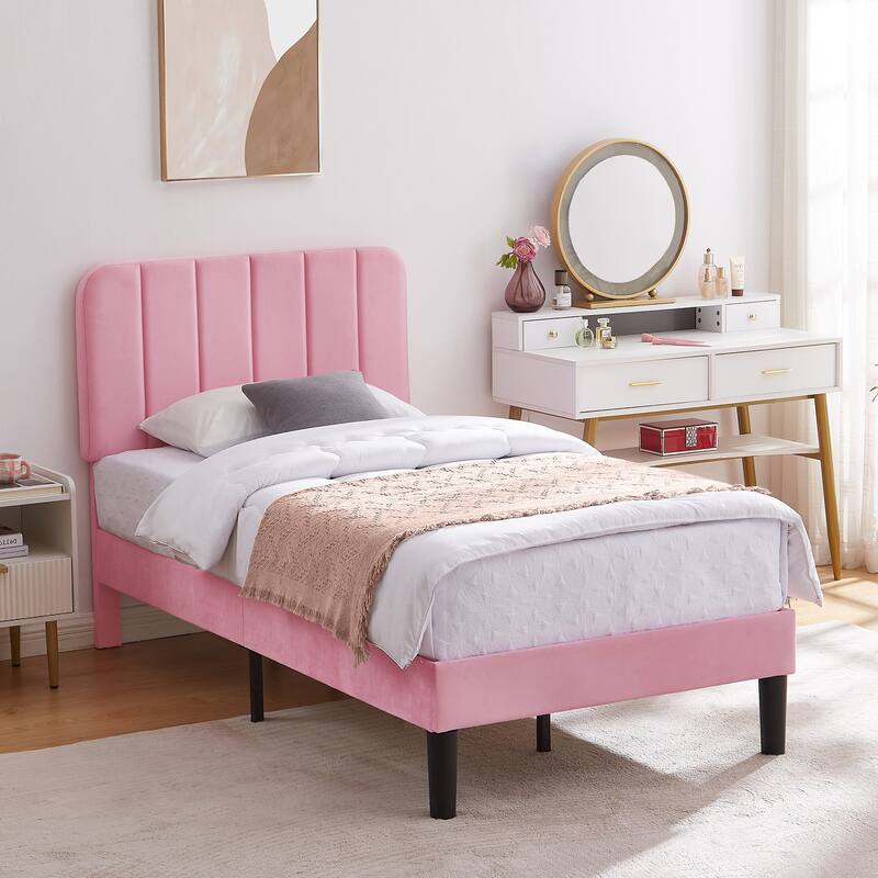 Kids Bed Frame, Height Adjustable Upholstered Bed, Twin Size Bed Set of 2