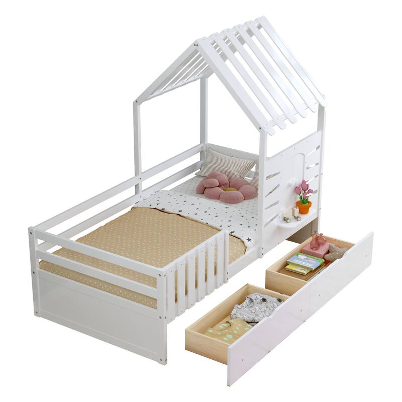 Twin Bed Frames for Kids,Twin Size House Bed With 2 Storage Drawers and Guardrails, Playhouse Bed With Roof and Window