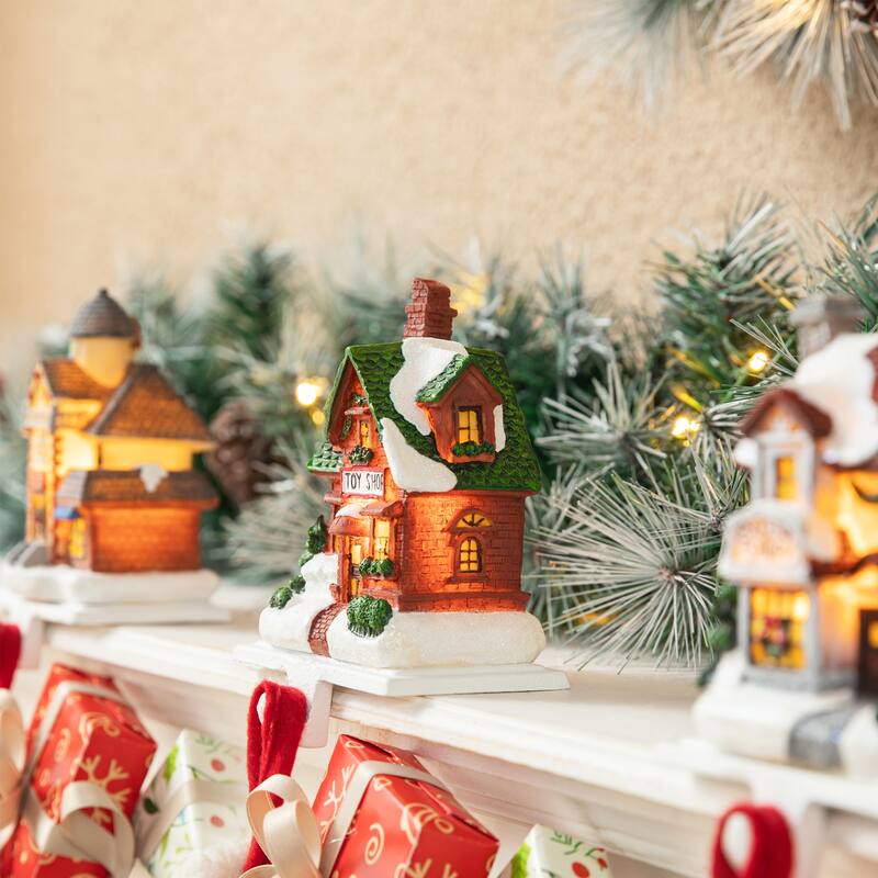 Glitzhome 6"H Christmas Lighted Resin House Stocking Holders Mantel Ornament (Set of 3)