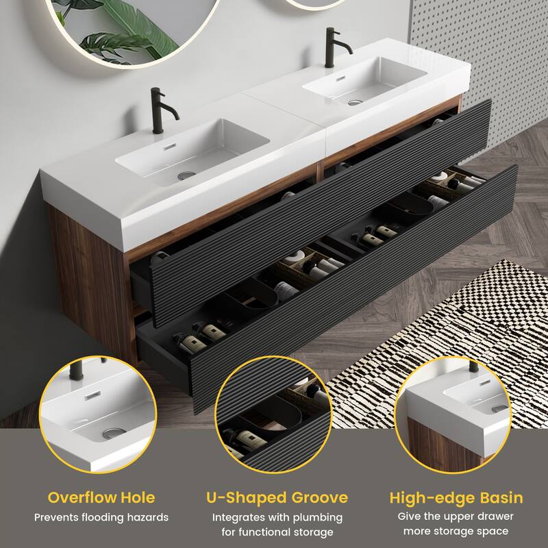 GDFStudio - Grace Floating Bathroom Vanity with Solid Surface Sink and Soft-Close Storage