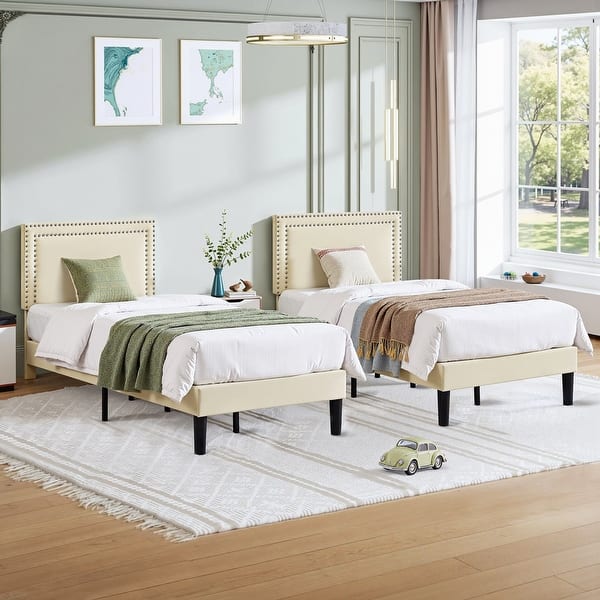 slide 2 of 70, VECELO Twin Size Kids Beds Set of 2 Adjustable Headboard Soft Upholstered Headboard with Rivet Detail 8" Underbed Storage Beige