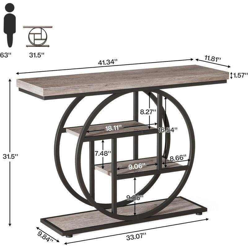 Modern Grey Wood Entryway Table 41-inch Narrow Console with Circular Metal Frame Shelves - 11.81"W x 41.34"L x 31.5"H