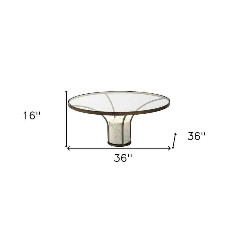HomeRoots 36" Antiqued Gold And White Glass Iron and Marble Round Pedestal Coffee Table - 36
