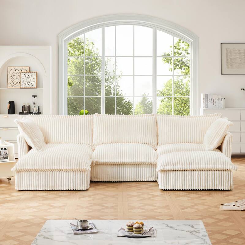 Modern 3 Seater Upholstered Sofa with 2 Ottomans and 2 Pillows