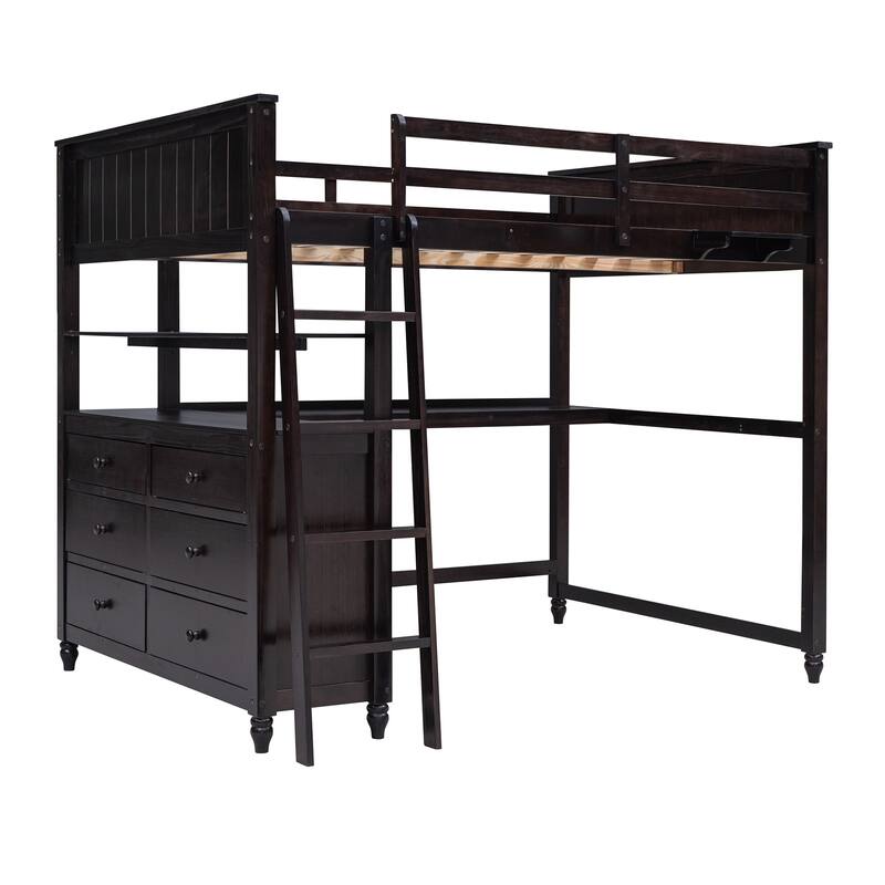 Espresso Full Wooden Loft Bed with Drawers, Desk, Shelves, Guardrails, Reversible Ladder