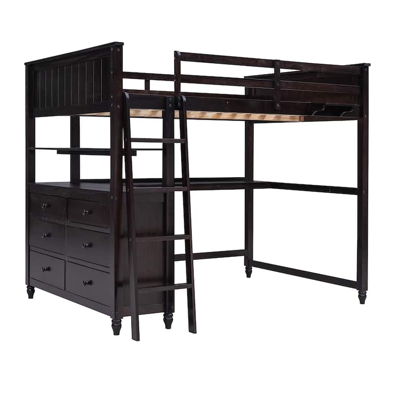 Full size Loft Bed with Drawers and Desk, Wooden Loft Bed with Shelves - Espresso