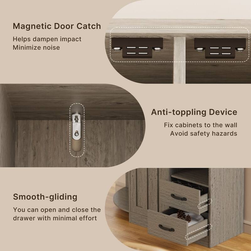 Farmhouse Kitchen Storage Cabinet with Doors and Open Shelves, Buffet Sideboard with Microwave Shelves and Drawers