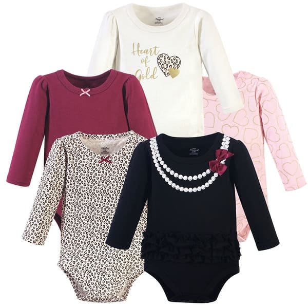 slide 1 of 1, Little Treasure Baby Girl Cotton Long-Sleeve Bodysuits 5pk, Black Heart Of Gold 0-3 Months - Black Heart Of Gold 5-Pack