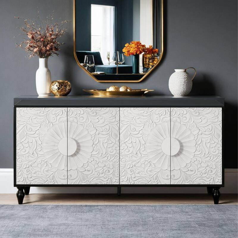 Carved Symmetrical Design Door And Wood Coloured Frame For TV Stand Table,Living Room ,Entryway - Black White