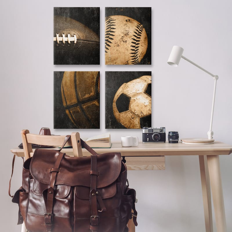 Stupell Distressed Vintage Sports Balls Canvas Wall Art Design By Kim Allen (Set of 4)