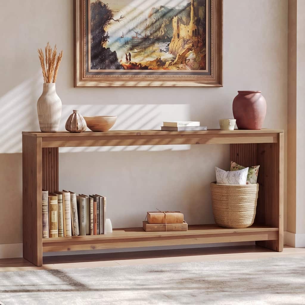 63" Solid Wood Sofa Console Table with 2-Tier Storage Shelf for Entryway or Living Room