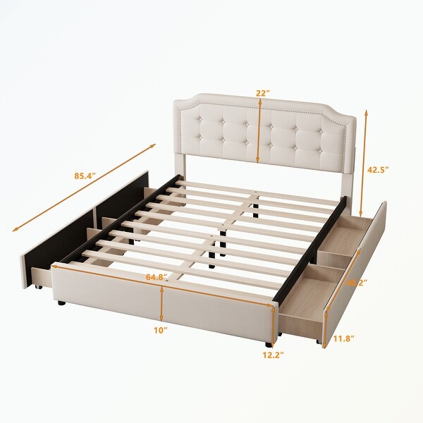 Upholstered Platform Bed with Headboard and 4 Drawers, Queen