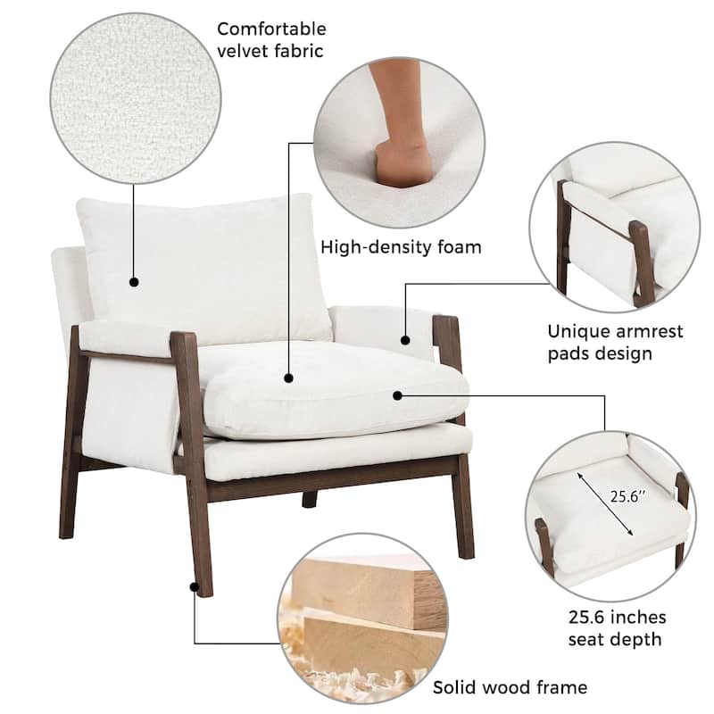 Mid-Century Modern Velvet Accent Chair, Leisure Chair with Solid Wood and Thick Seat Cushion for Living Room, Bedroom