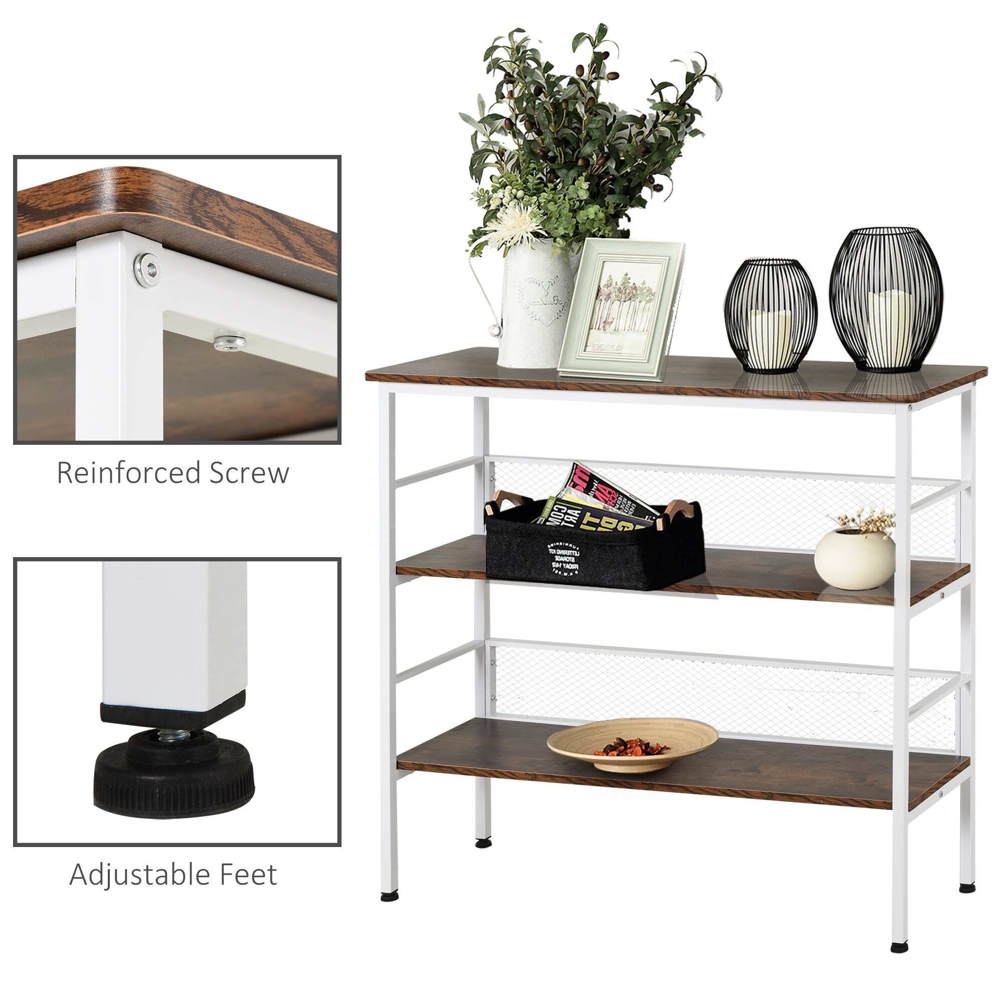 HOMCOM 3-Tier Industrial Style Storage Metal Wooden Shelf with A Robust Multi-functional Design & Adjustable Feet Black
