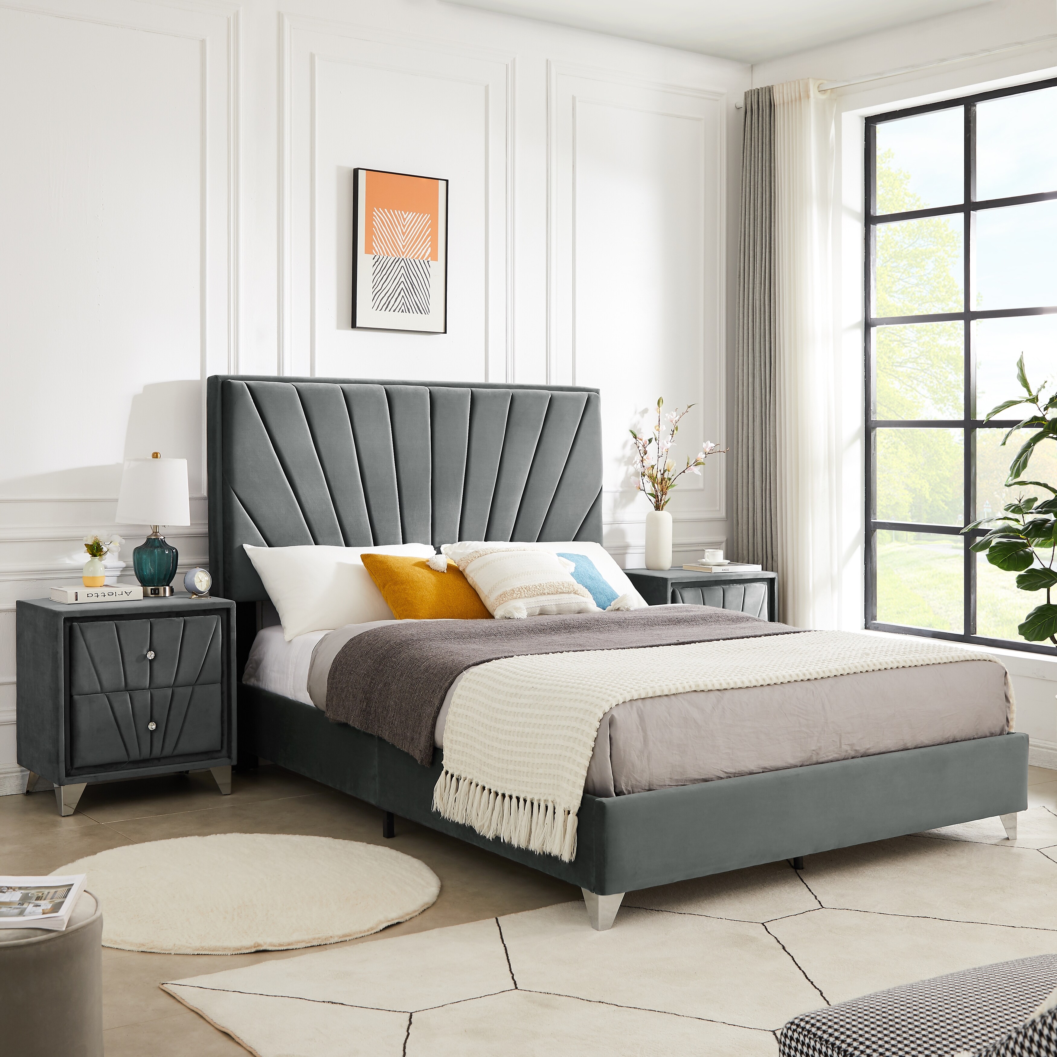 Gray Full Bed with Velvet Upholstered Headboard Sturdy Wood Frame Wood Slat Support No Box Spring Needed Bed Bath Beyond 39210839