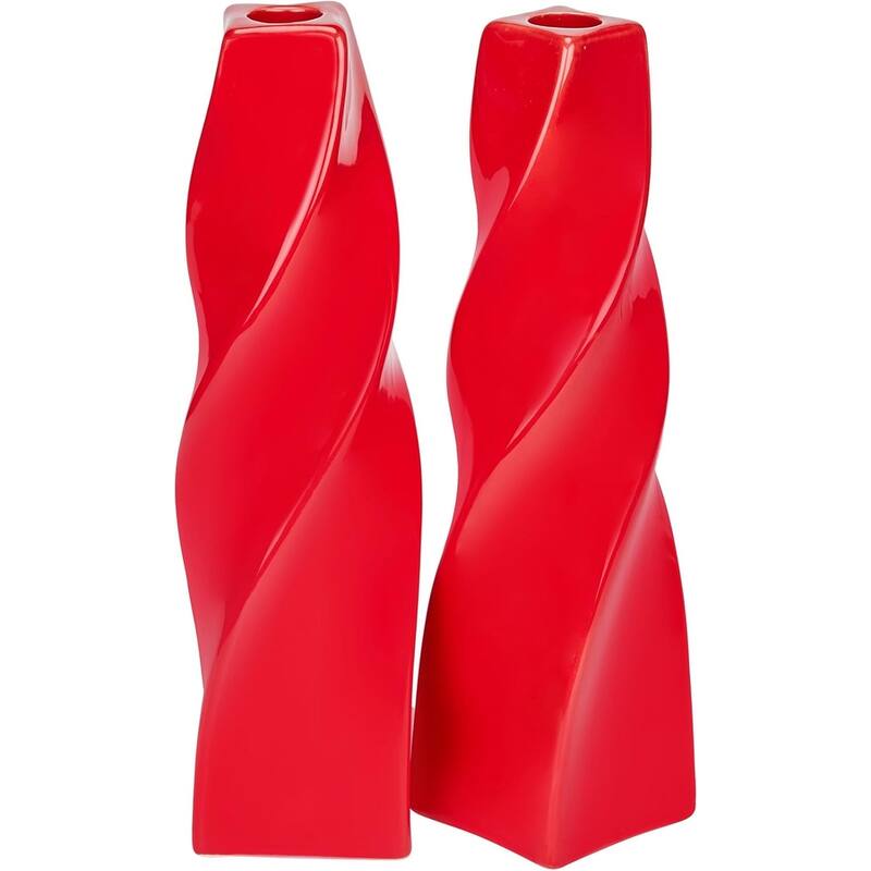 Red Tall Curvy Santa Fe Style Ceramic Candlesticks Set of Two - Red