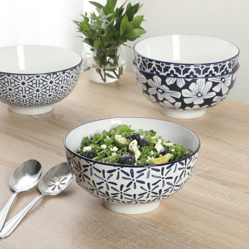 Gibson Home Castle Way 4-Piece Serving Bowl Set, 8 Inch Stoneware Bowls, Blue & White Assorted Pattern, Decorative Everyday Use