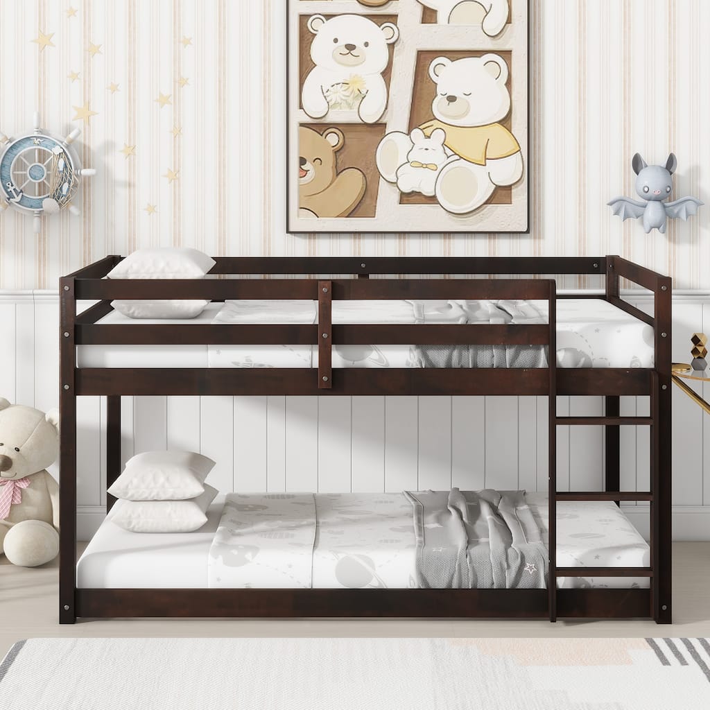 Solid Rubber Wood Twin over Twin Floor Bunk Bed with Ladder, Espresso Finish