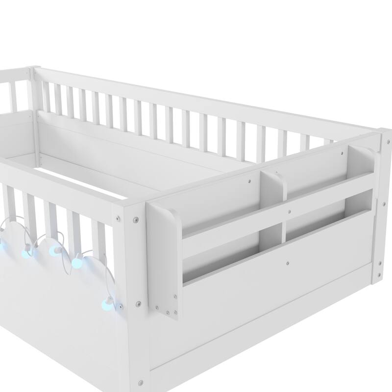 Twin Montessori Floor Bed Frame with High Rails, Wood Kids Floor Beds with Light and Storage Shelf, Natural