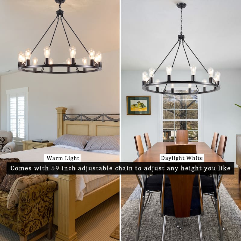 35.43-inch Round Wagon Wheel Chandelier, 12-light Adjustable Chandelier for Living Room Kitchen Island Dining Foyer