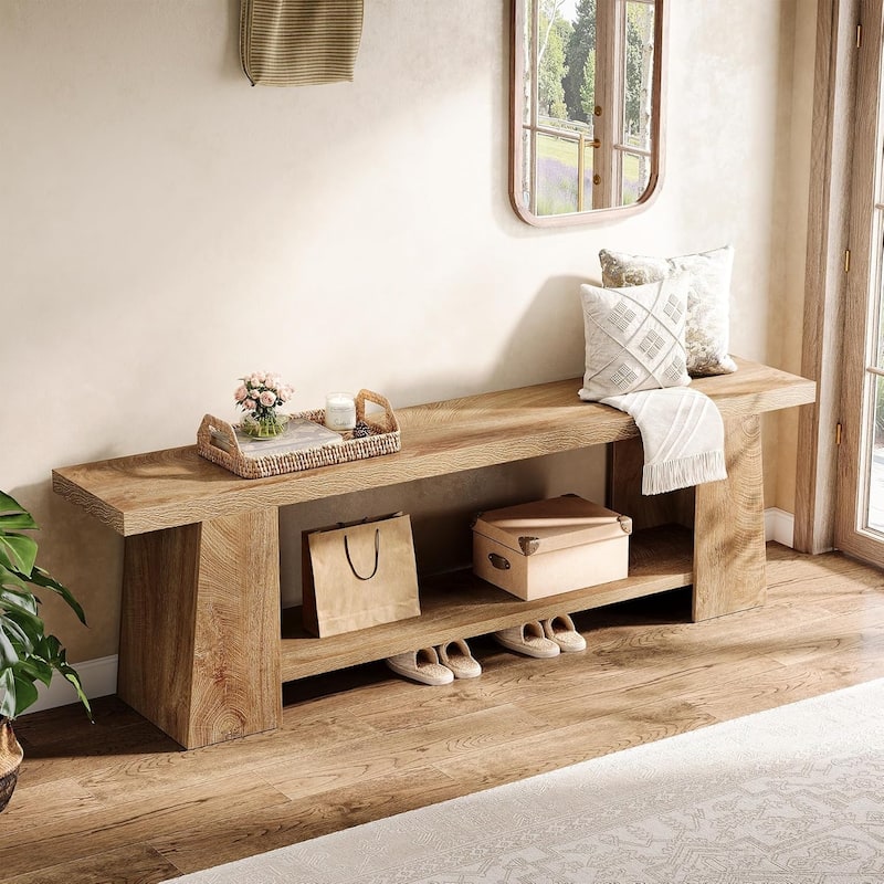 2-Tier Entryway Bench with Storage Shelves for Entryway, Bedroom, Living Room, Natural