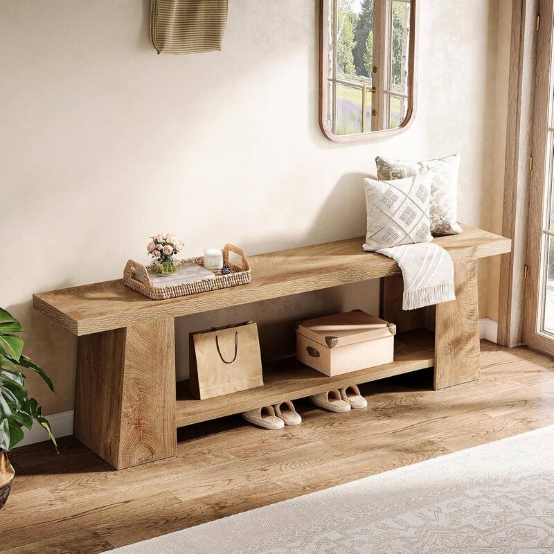 59 Inch Wooden Shoe Bench Entryway Bench with Storage Shelve - 59" W × 11.61" D × 17.32" H