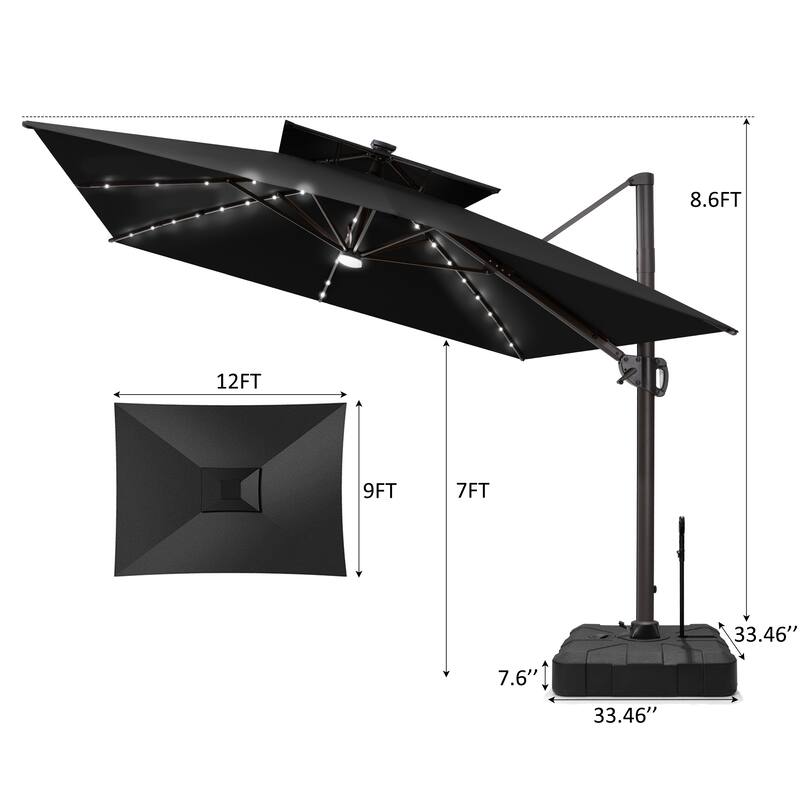 12 x 9 FT Outdoor Patio Cantilever Umbrella with Solar Lights Double Canopy 360 Rotation Tilt with Rod Wheel Base