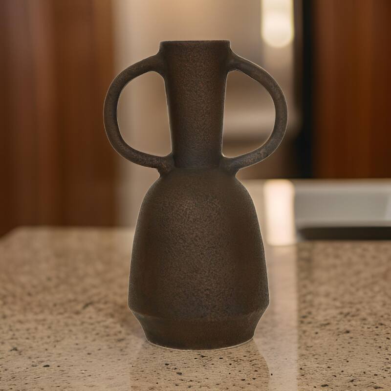 Adea Flower Vase, Antiqued Amphora Shape, Thin Neck Style, Brown Terracotta
