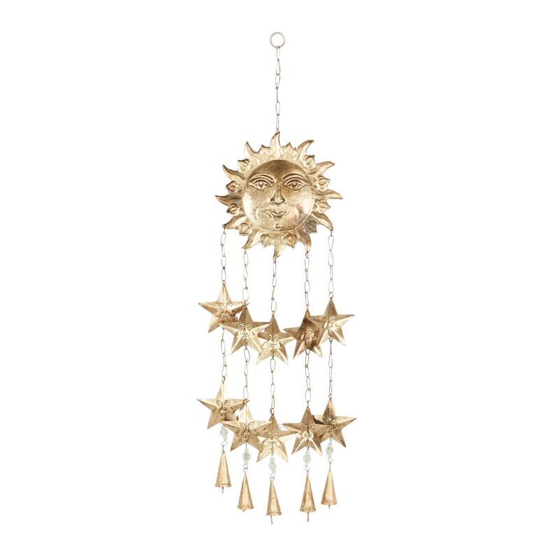 Metal Sun and Star Handmade Indoor Outdoor Windchime with Glass Beads and Cone Bells - Gold - Roche River Decor