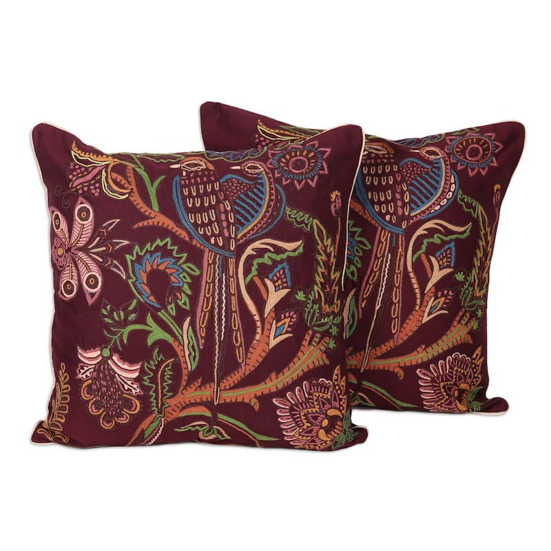 Novica Handmade Floral Muse Embroidered Cotton Cushion Covers (Set Of 2) - Pillow Covers - Cover Only - Brown - Set of 2