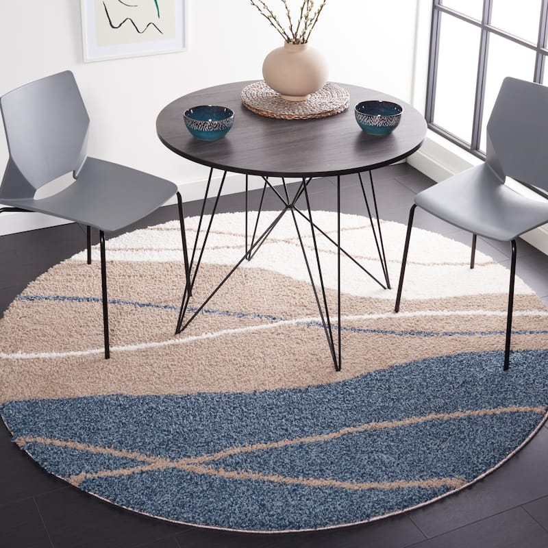 SAFAVIEH Calico Shag Isabell Abstract 1.5-inch Thick Rug - 6'7" Round - Taupe/Blue