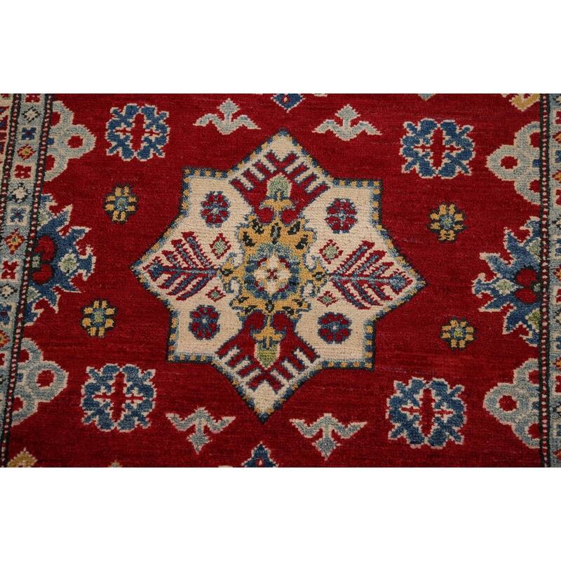 Red Geometric Kazak Accent Rug Handmade Traditional Wool Carpet - 3'5" x 5'0"