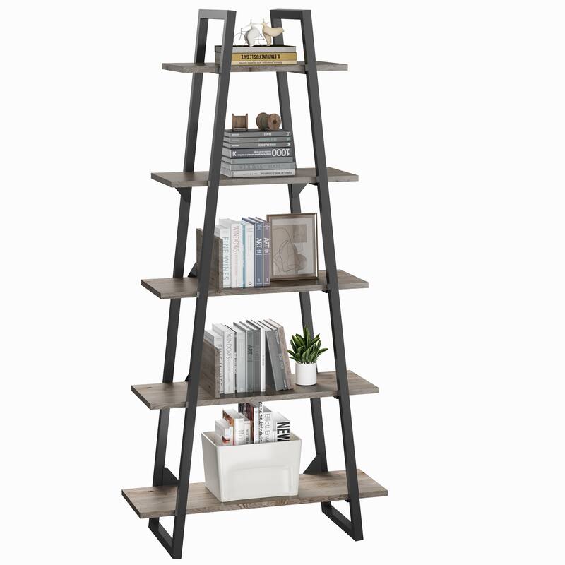Bookshelf 5 Tier Industrial Wood, Tall Open Rustic Etagere Bookcase Ladder