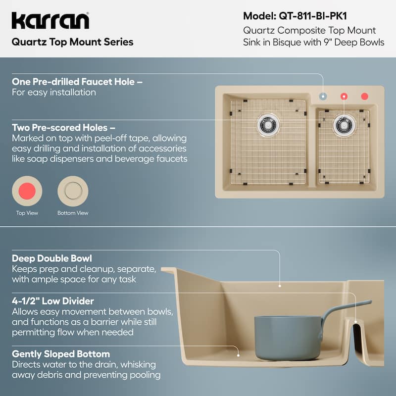 Karran 33" Top Mount Large/Small Bowl Quartz Kitchen Sink Kit - 33" x 22" x 9"